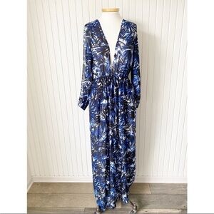 NWT Meghan Los Angeles Blue Black White Palm Boho Chic Beach Maxi Dress Small